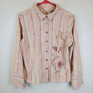 VTG J Jill Floral Embroidered Striped Button Up Shirt Size Medium Petite Womens